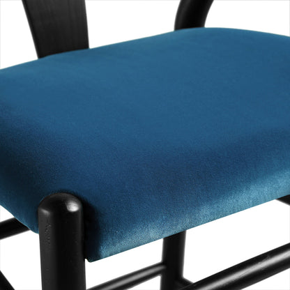Tabouret de bar rembourré Hansel, velours bleu et cadre noir