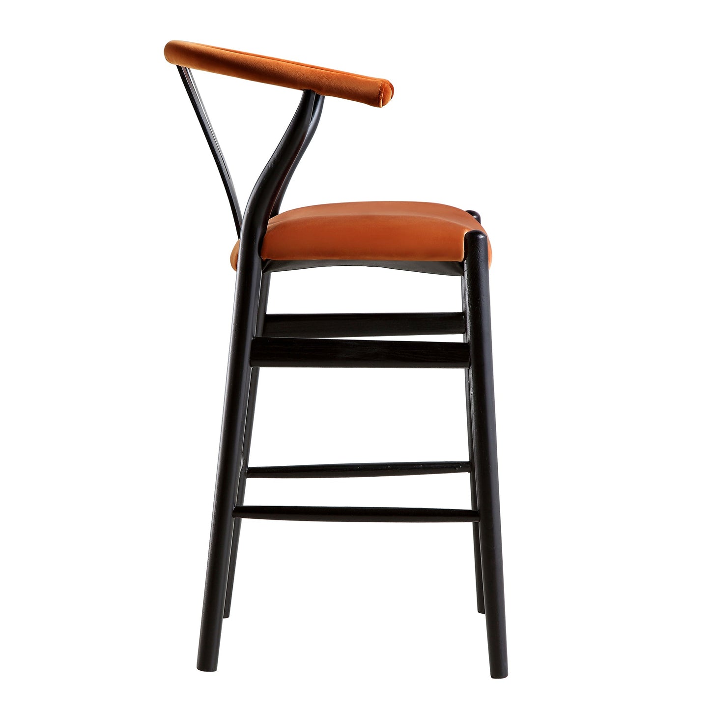 Tabouret de bar rembourré Hansel, velours rouille et cadre noir