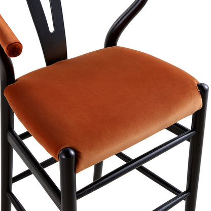 Tabouret de bar rembourré Hansel, velours rouille et cadre noir