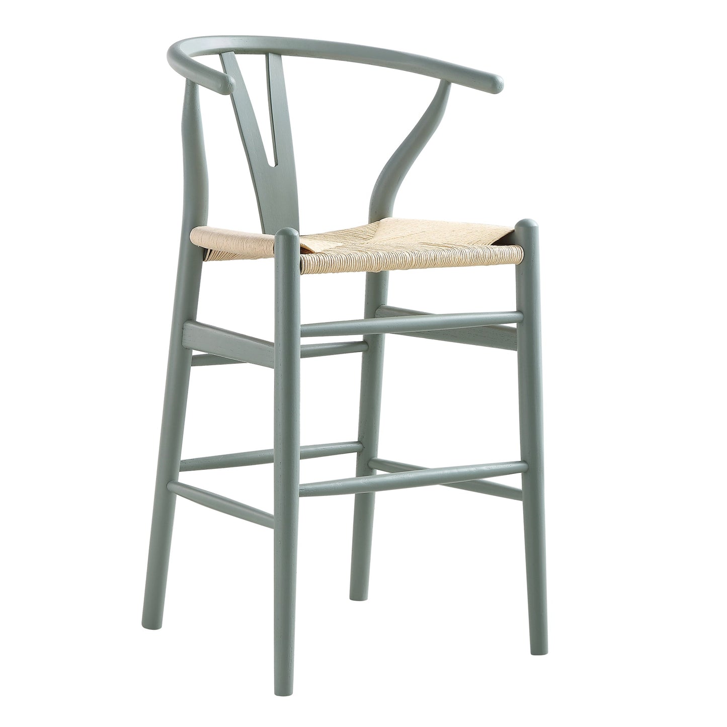 Tabouret de bar Hansel en bois tressé naturel, cadre vert sauge