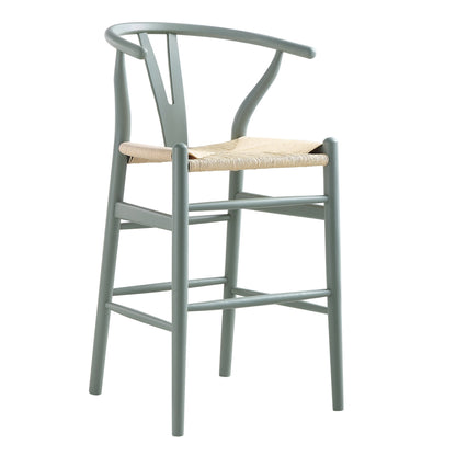 Tabouret de bar Hansel en bois tressé naturel, cadre vert sauge