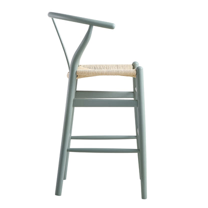 Tabouret de bar Hansel en bois tressé naturel, cadre vert sauge