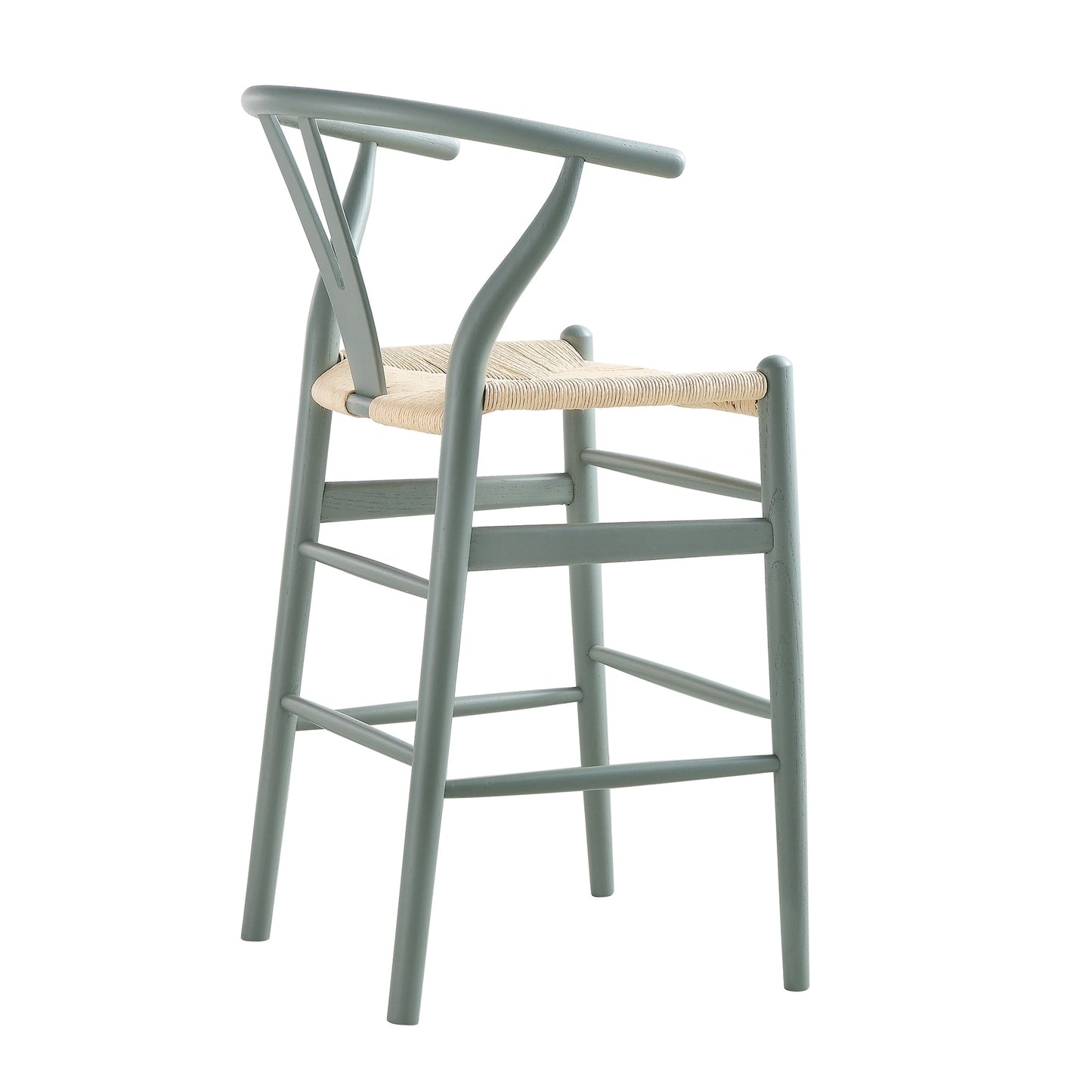 Tabouret de bar Hansel en bois tressé naturel, cadre vert sauge