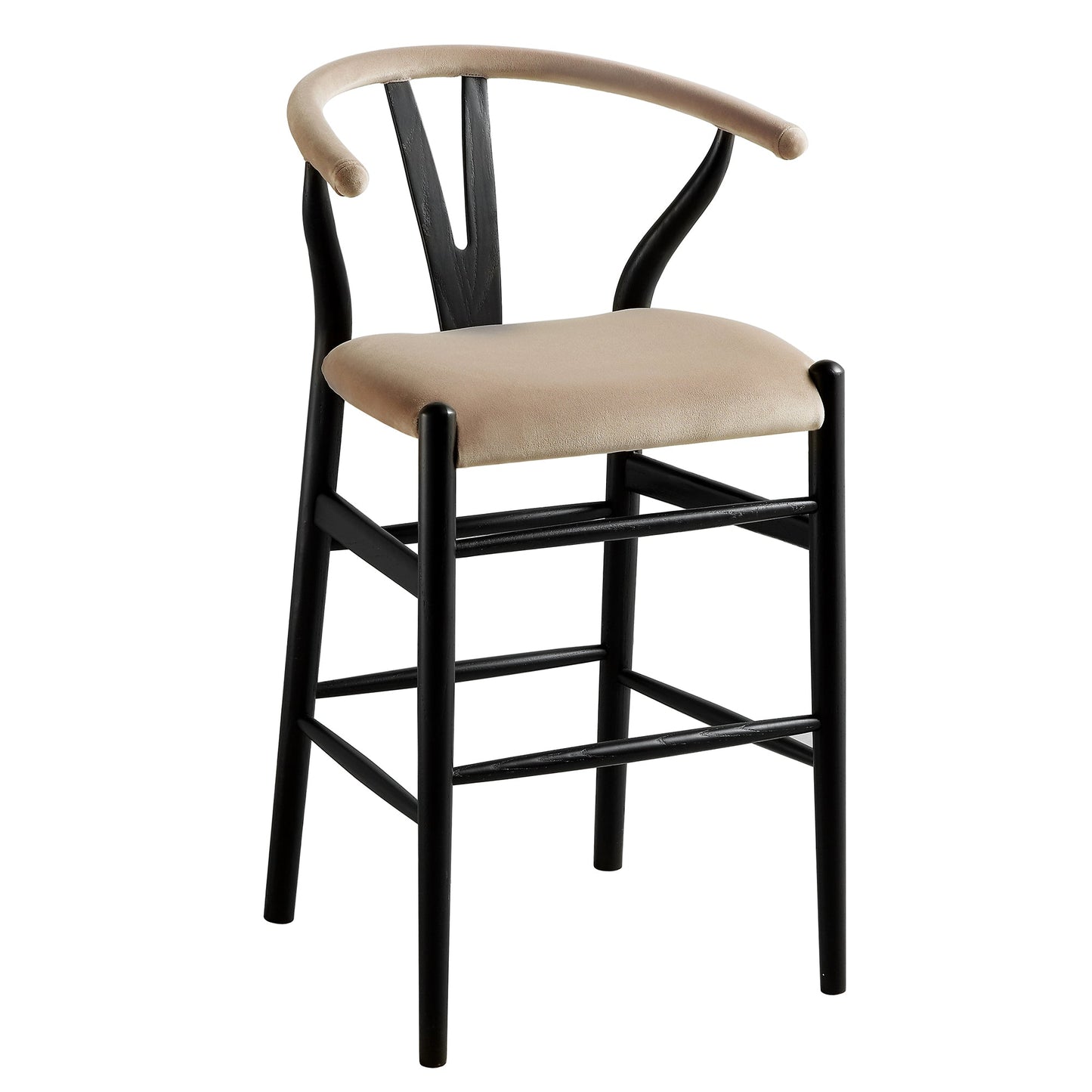 Tabouret de bar rembourré Hansel, velours taupe et cadre noir