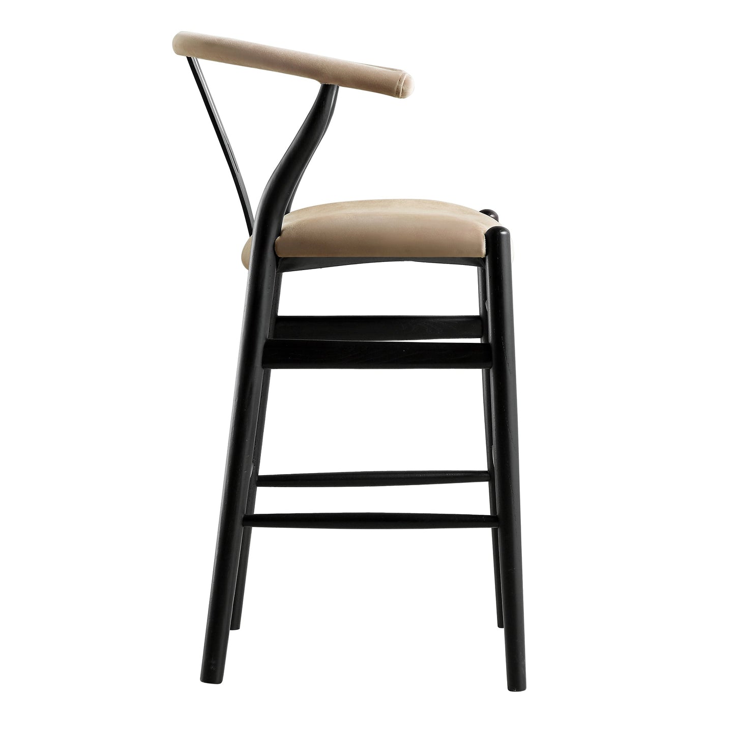 Tabouret de bar rembourré Hansel, velours taupe et cadre noir