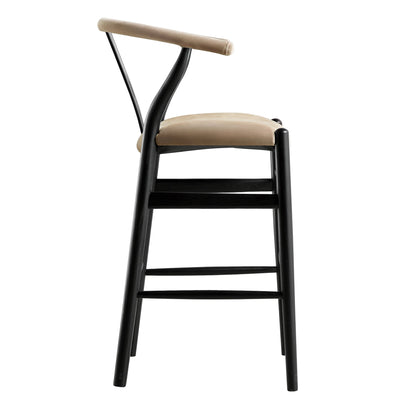 Tabouret de bar rembourré Hansel, velours taupe et cadre noir
