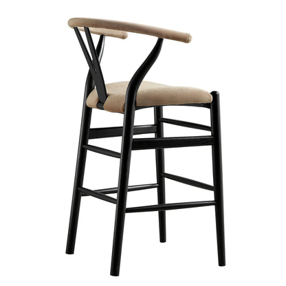 Tabouret de bar rembourré Hansel, velours taupe et cadre noir