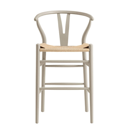 Tabouret de bar Hansel en bois tressé naturel, cadre couleur taupe clair