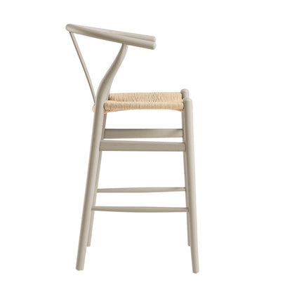 Tabouret de bar Hansel en bois tressé naturel, cadre couleur taupe clair