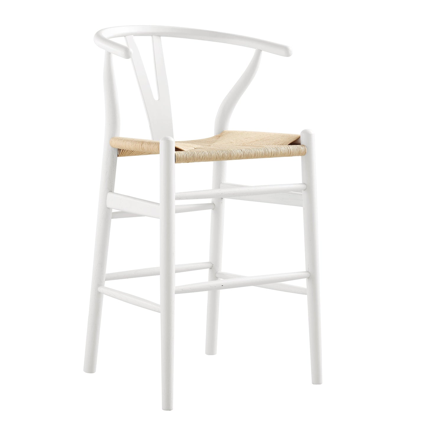 Tabouret de bar Hansel en bois tressé naturel, cadre blanc