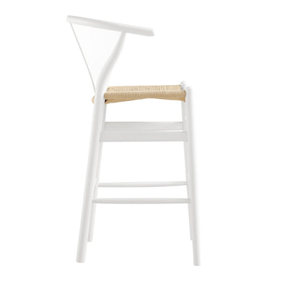 Tabouret de bar Hansel en bois tressé naturel, cadre blanc