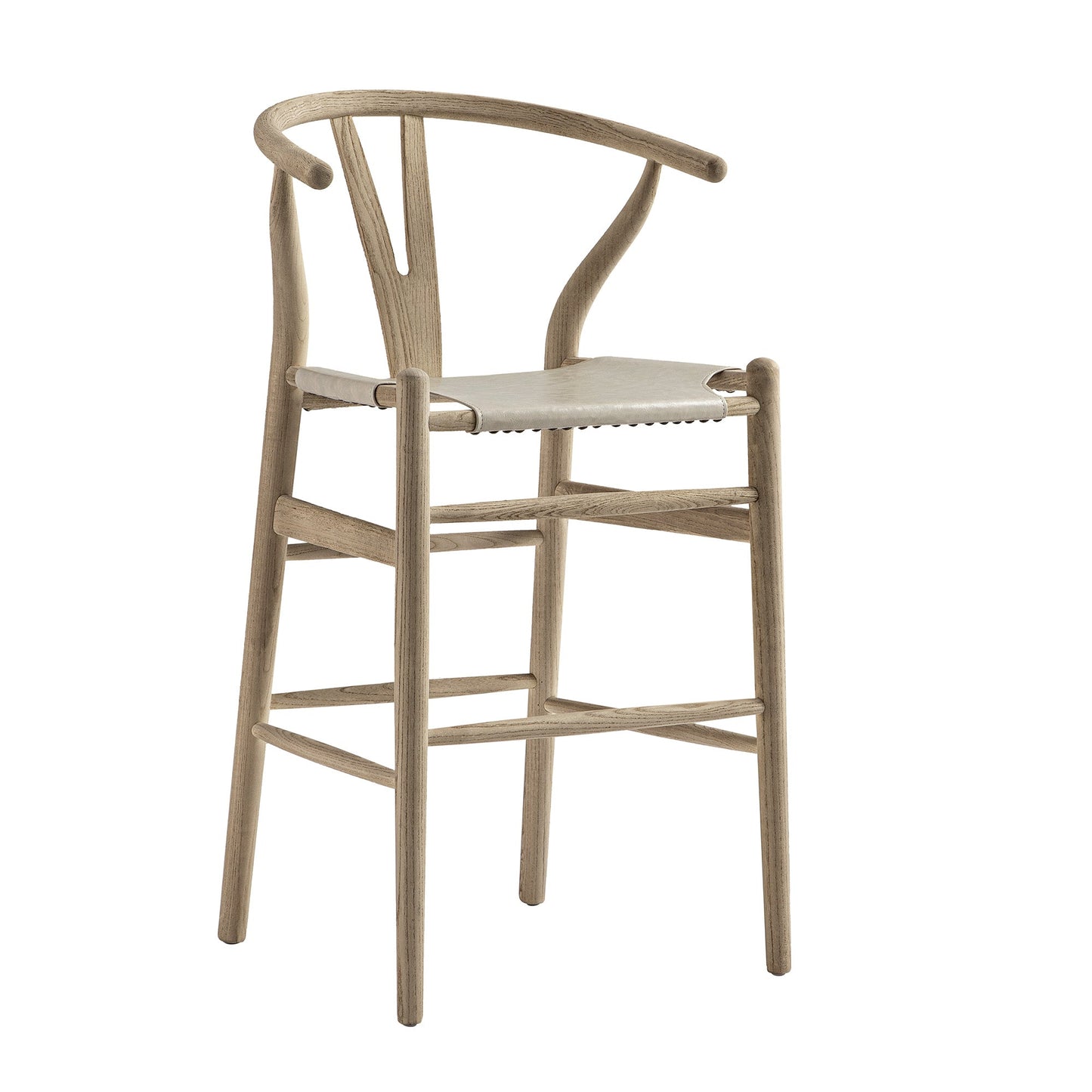 Tabouret de bar Hansel, structure en orme patiné et assise en similicuir gris clair