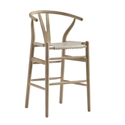 Tabouret de bar Hansel, structure en orme patiné et assise en similicuir gris clair