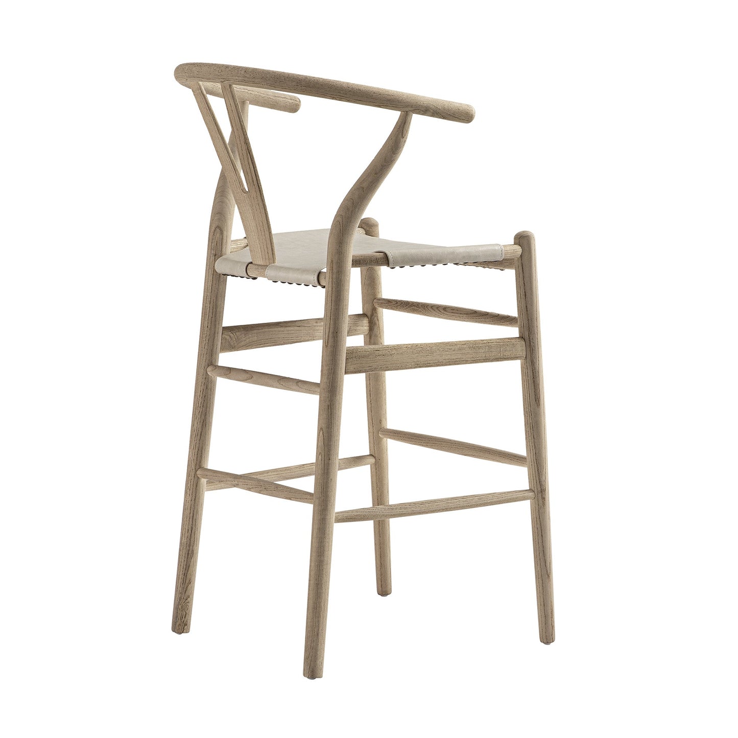Tabouret de bar Hansel, structure en orme patiné et assise en similicuir gris clair