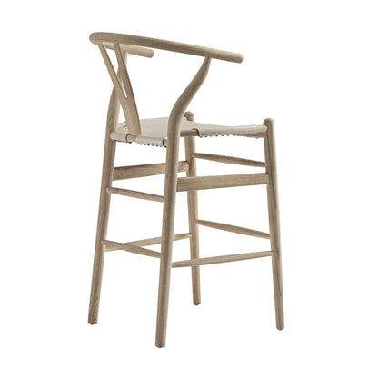 Tabouret de bar Hansel, structure en orme patiné et assise en similicuir gris clair