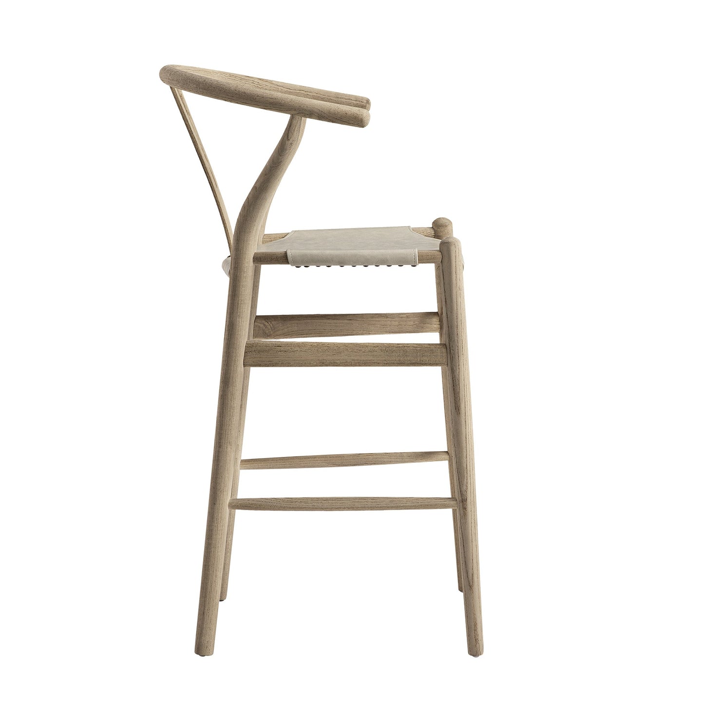 Tabouret de bar Hansel, structure en orme patiné et assise en similicuir gris clair