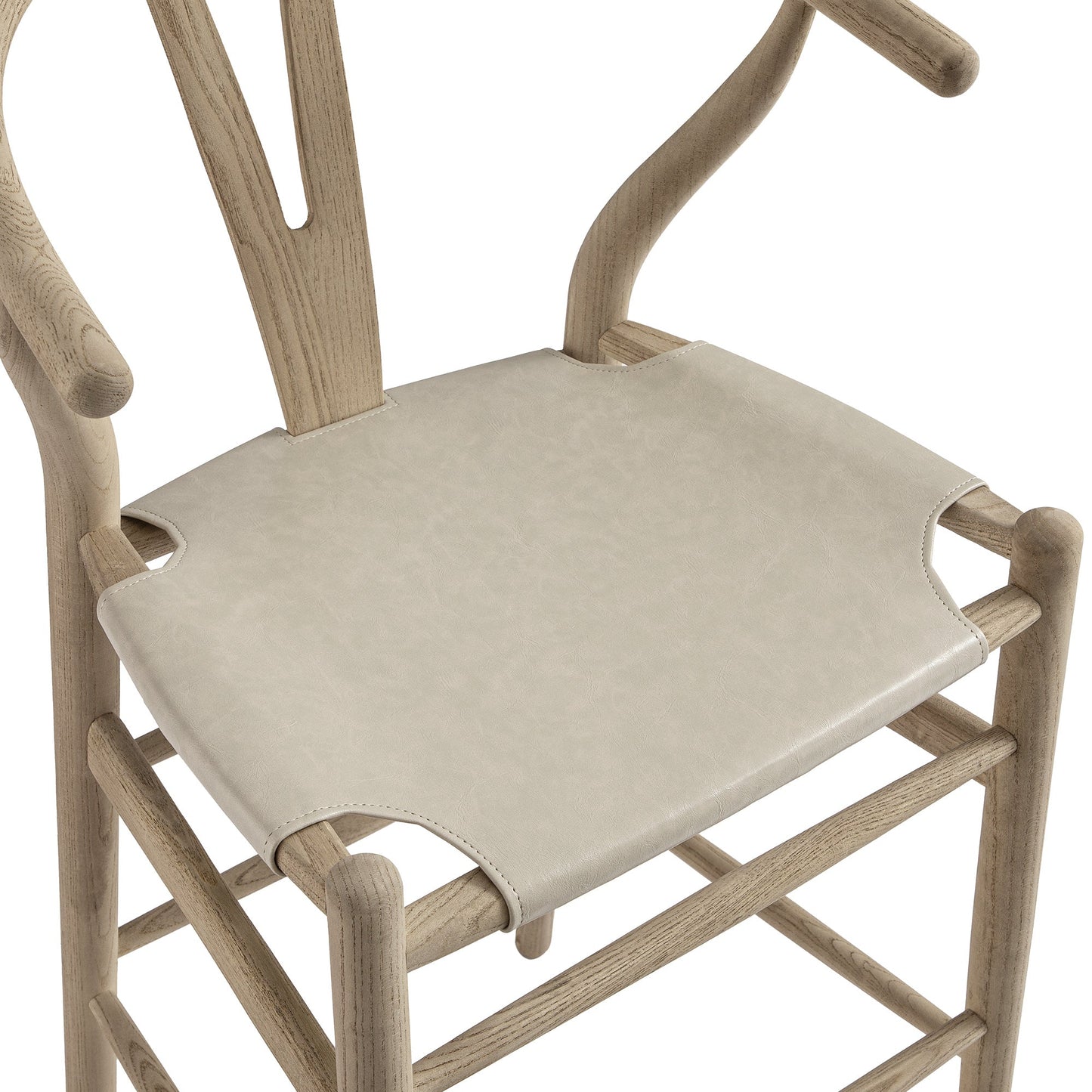 Tabouret de bar Hansel, structure en orme patiné et assise en similicuir gris clair