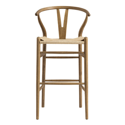 Tabouret de bar Hansel en bois tressé naturel, cadre couleur noyer clair