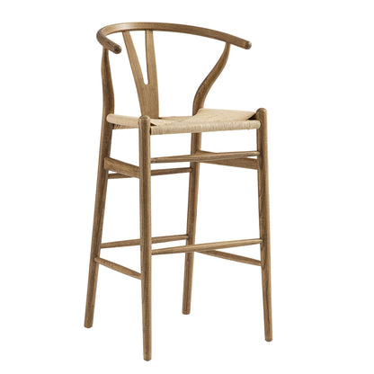 Tabouret de bar Hansel en bois tressé naturel, cadre couleur noyer clair