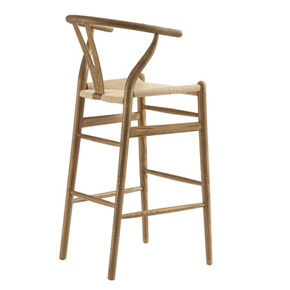 Tabouret de bar Hansel en bois tressé naturel, cadre couleur noyer clair