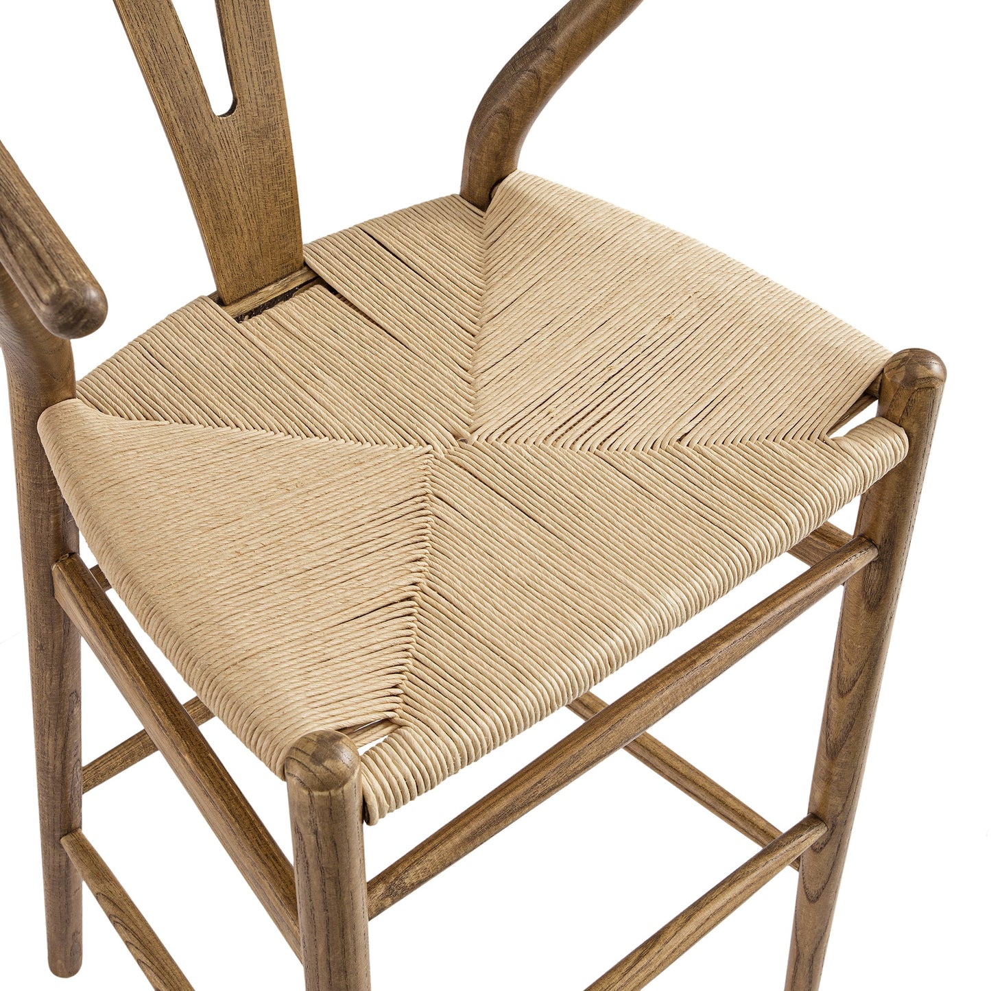 Tabouret de bar Hansel en bois tressé naturel, cadre couleur noyer clair