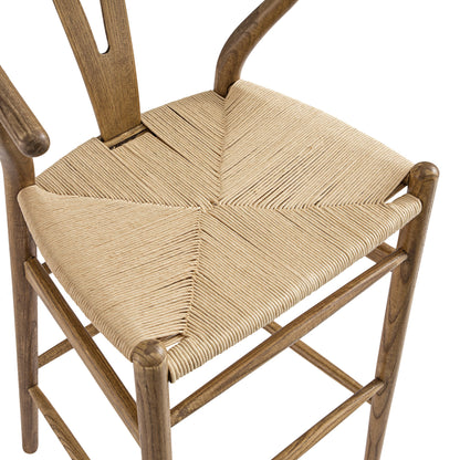 Tabouret de bar Hansel en bois tressé naturel, cadre couleur noyer clair