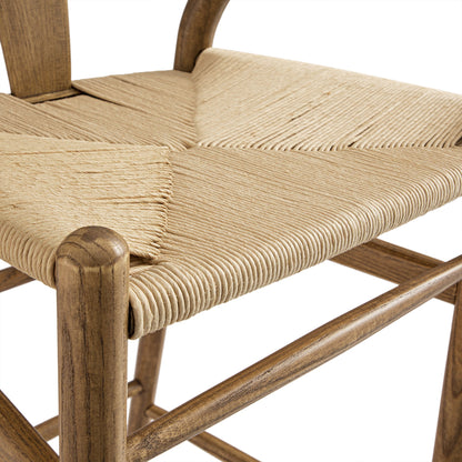 Tabouret de bar Hansel en bois tressé naturel, cadre couleur noyer clair