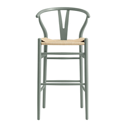 Tabouret de bar Hansel en bois tressé naturel, cadre vert sauge