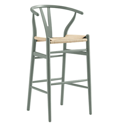 Tabouret de bar Hansel en bois tressé naturel, cadre vert sauge