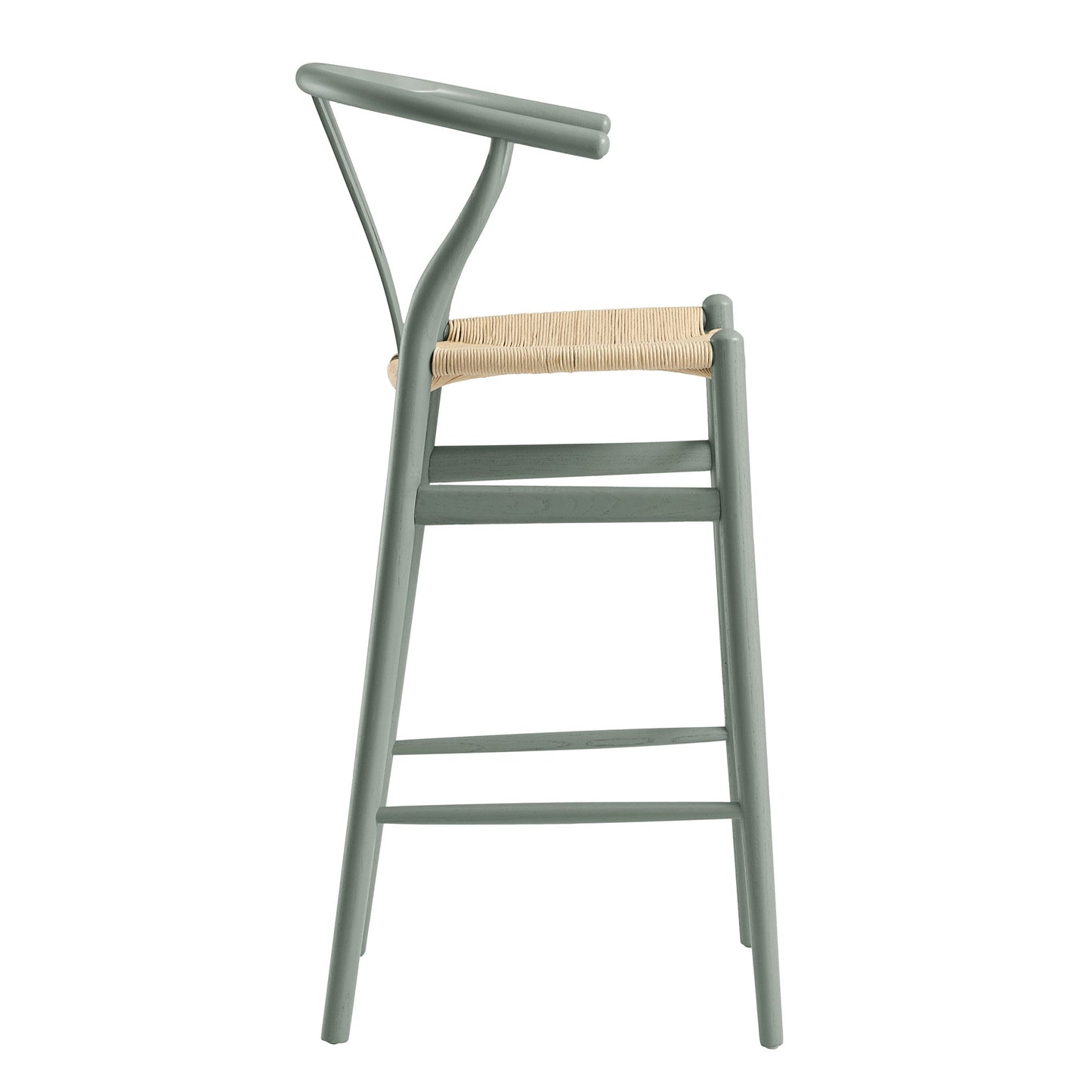Tabouret de bar Hansel en bois tressé naturel, cadre vert sauge