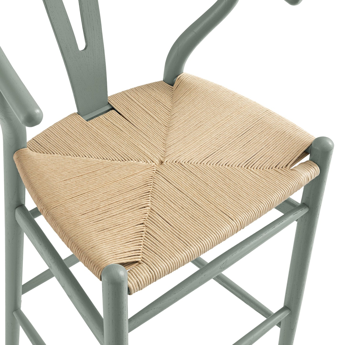 Tabouret de bar Hansel en bois tressé naturel, cadre vert sauge
