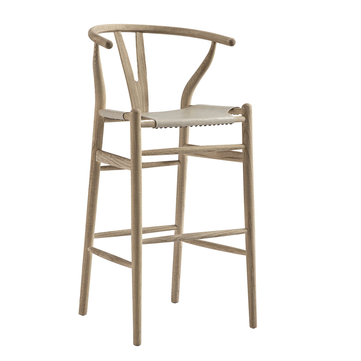 Tabouret de bar Hansel, structure en orme patiné et assise en similicuir gris clair
