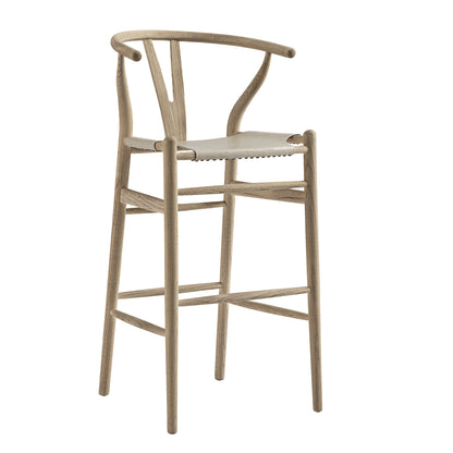 Tabouret de bar Hansel, structure en orme patiné et assise en similicuir gris clair