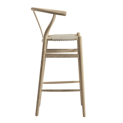 Tabouret de bar Hansel, structure en orme patiné et assise en similicuir gris clair