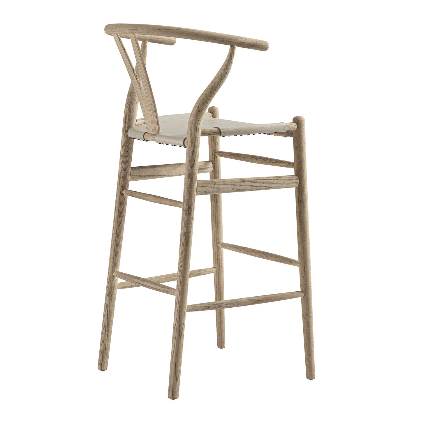 Tabouret de bar Hansel, structure en orme patiné et assise en similicuir gris clair