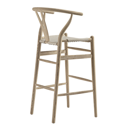 Tabouret de bar Hansel, structure en orme patiné et assise en similicuir gris clair