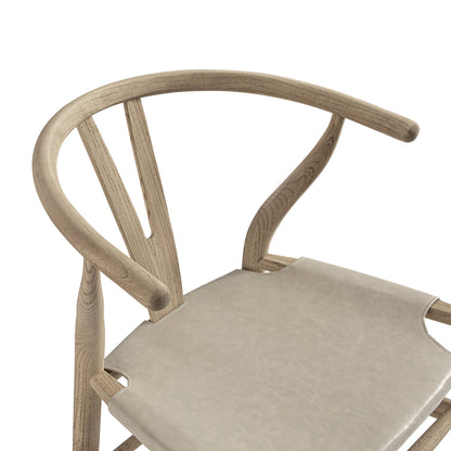 Tabouret de bar Hansel, structure en orme patiné et assise en similicuir gris clair