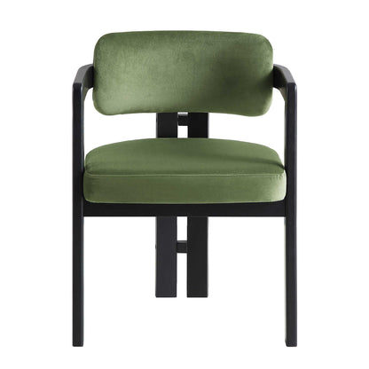 Chaise rembourrée Stanford à cadre courbé en chêne, velours vert mousse, cadre noir