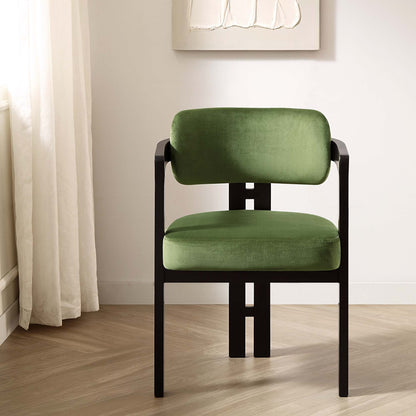 Chaise rembourrée Stanford à cadre courbé en chêne, velours vert mousse, cadre noir
