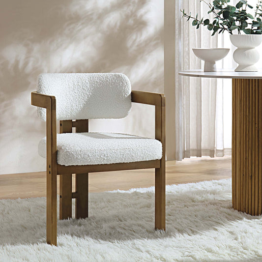 Chaise rembourrée Stanford à cadre courbé en chêne, cadre en noyer clair bouclé blanc