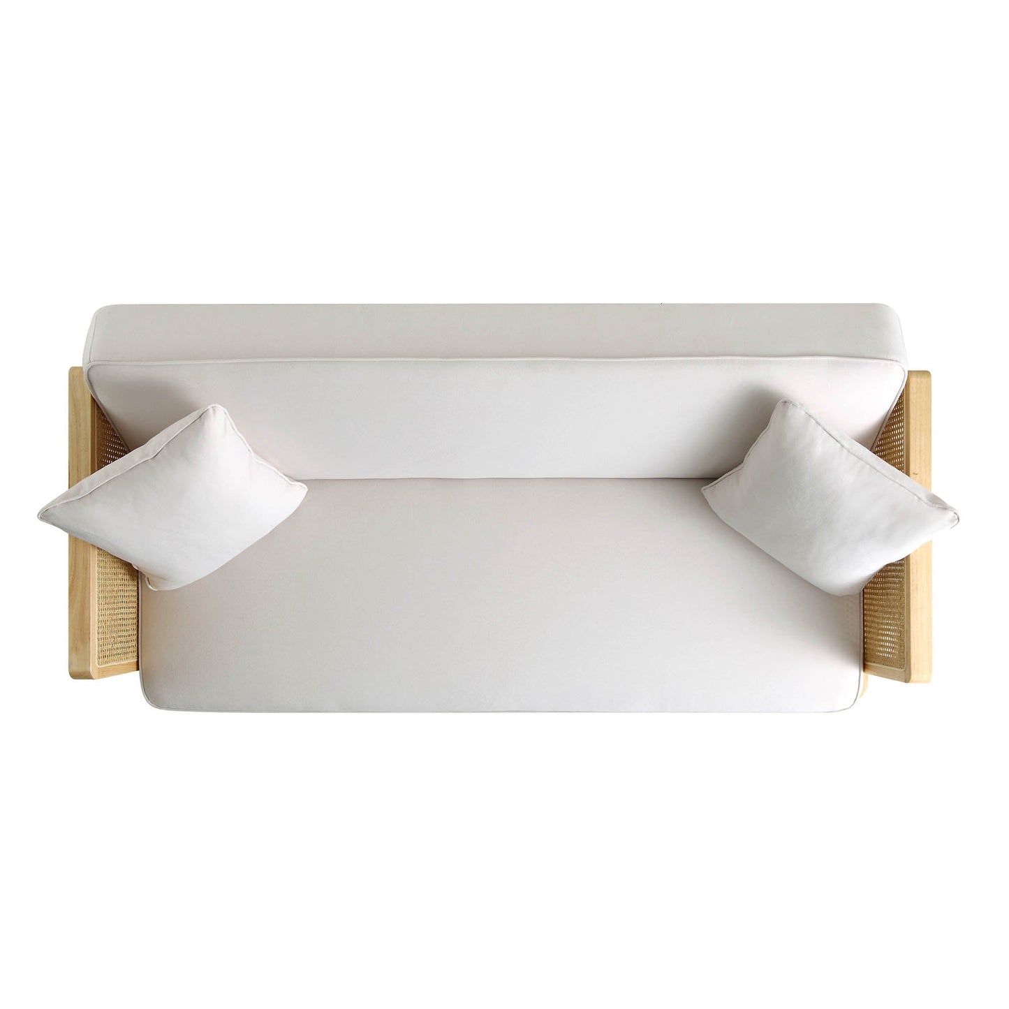 Canapé-lit Pienza en rotin, tissu beige tissé avec cadre en chêne massif naturel