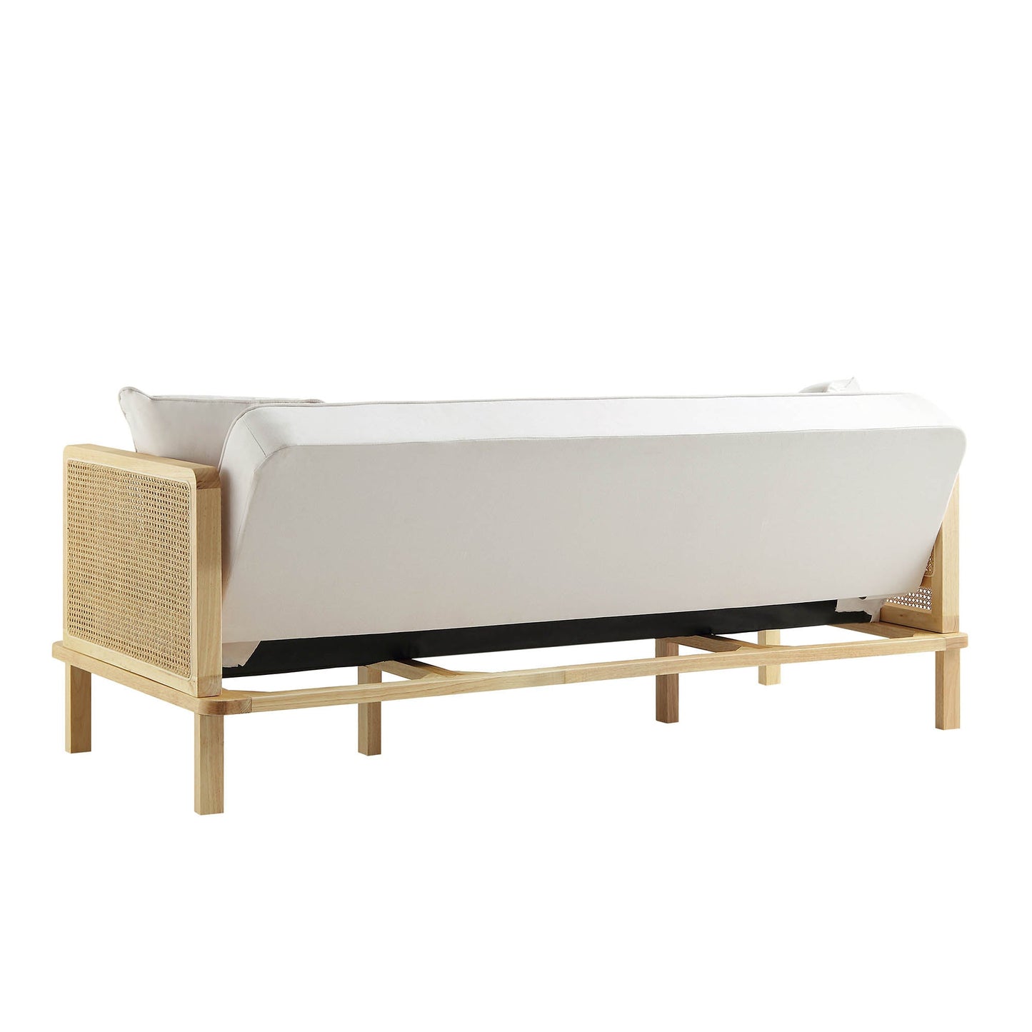 Canapé-lit Pienza en rotin, tissu beige tissé avec cadre en chêne massif naturel