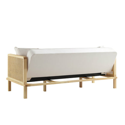 Canapé-lit Pienza en rotin, tissu beige tissé avec cadre en chêne massif naturel