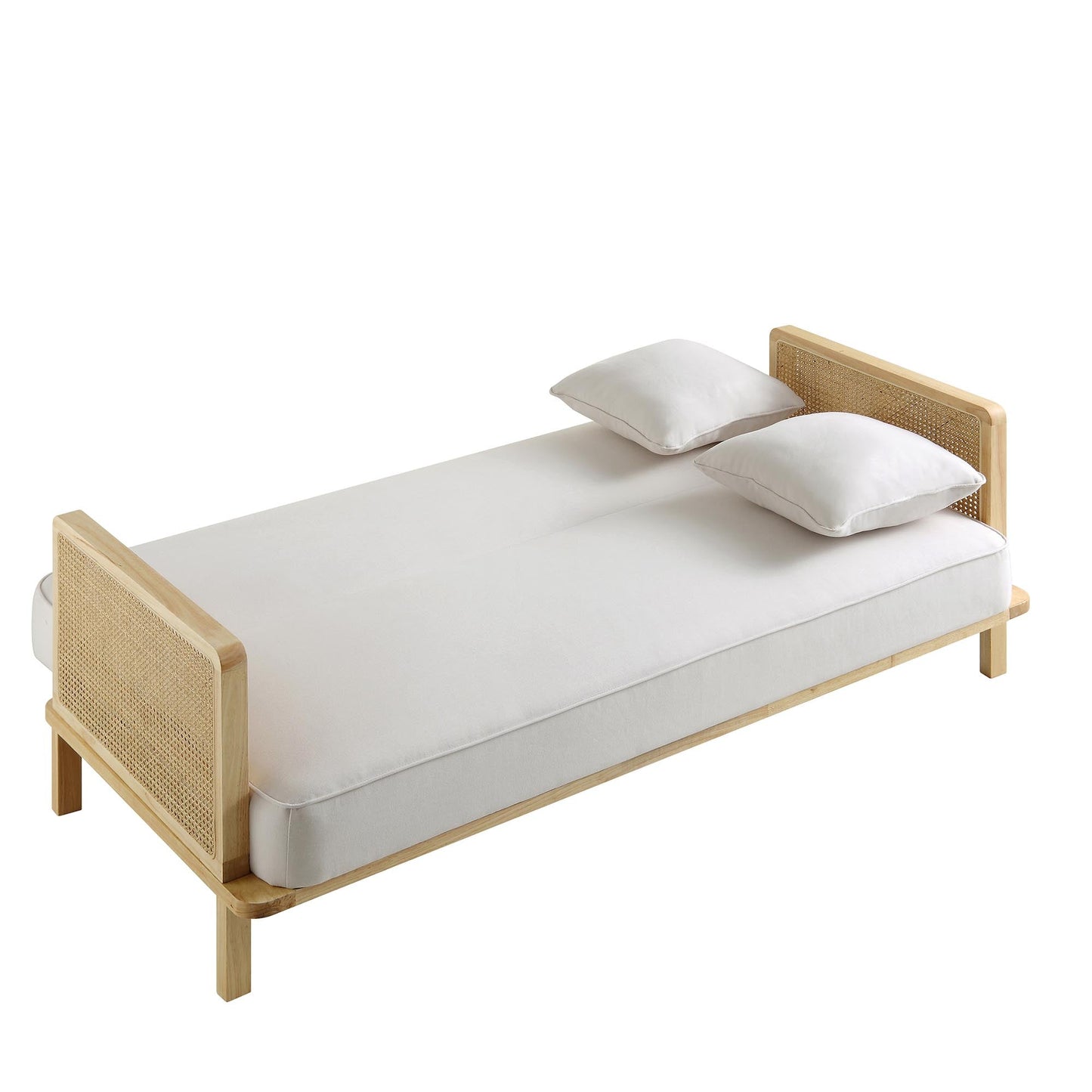 Canapé-lit Pienza en rotin, tissu beige tissé avec cadre en chêne massif naturel