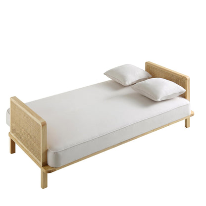 Canapé-lit Pienza en rotin, tissu beige tissé avec cadre en chêne massif naturel