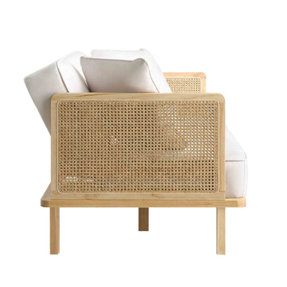 Canapé-lit Pienza en rotin, tissu beige tissé avec cadre en chêne massif naturel