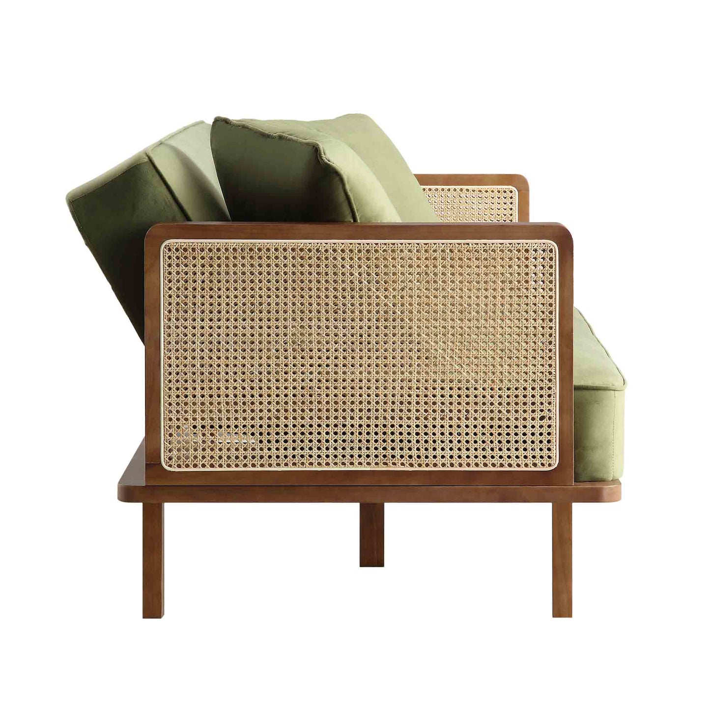 Canapé-lit Pienza en rotin, velours vert mousse et cadre en noyer