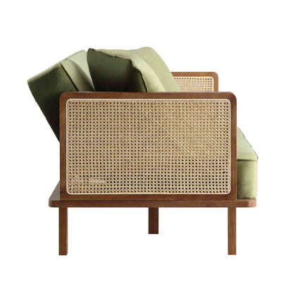 Canapé-lit Pienza en rotin, velours vert mousse et cadre en noyer