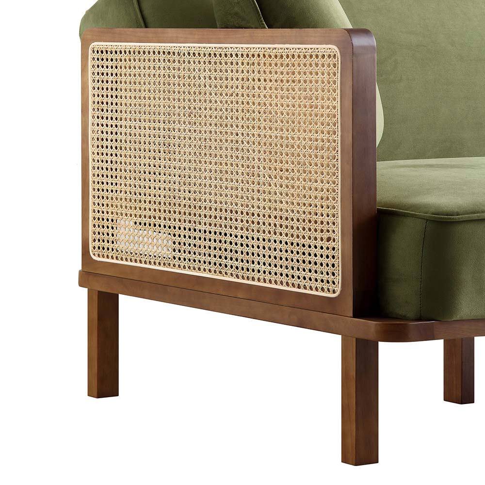 Canapé-lit Pienza en rotin, velours vert mousse et cadre en noyer