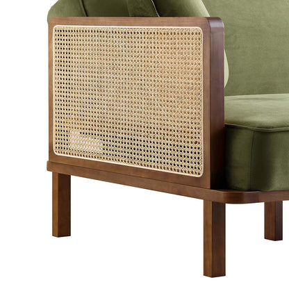 Canapé-lit Pienza en rotin, velours vert mousse et cadre en noyer